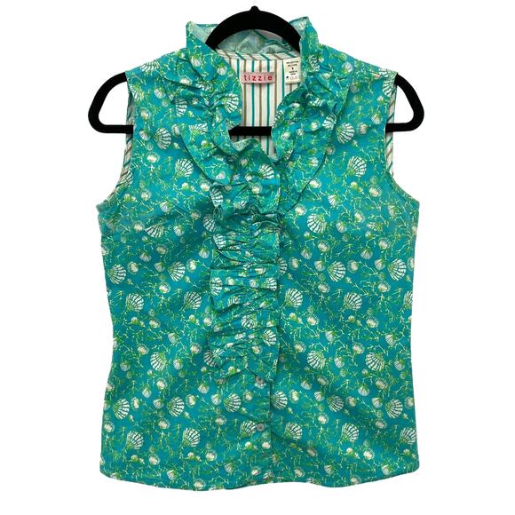 Tizzie Button Front Sleeveless Ruffle Collar Top Blue Green Small ASIS - Picture 1 of 6